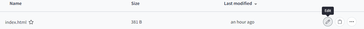 Screenshot showing the Edit button next to the index.html file in the file list.